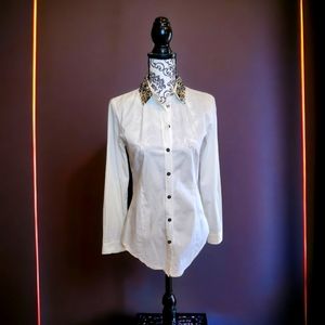 Burberry Bead Embellished White Button Up Dress Shirt Size 4 US